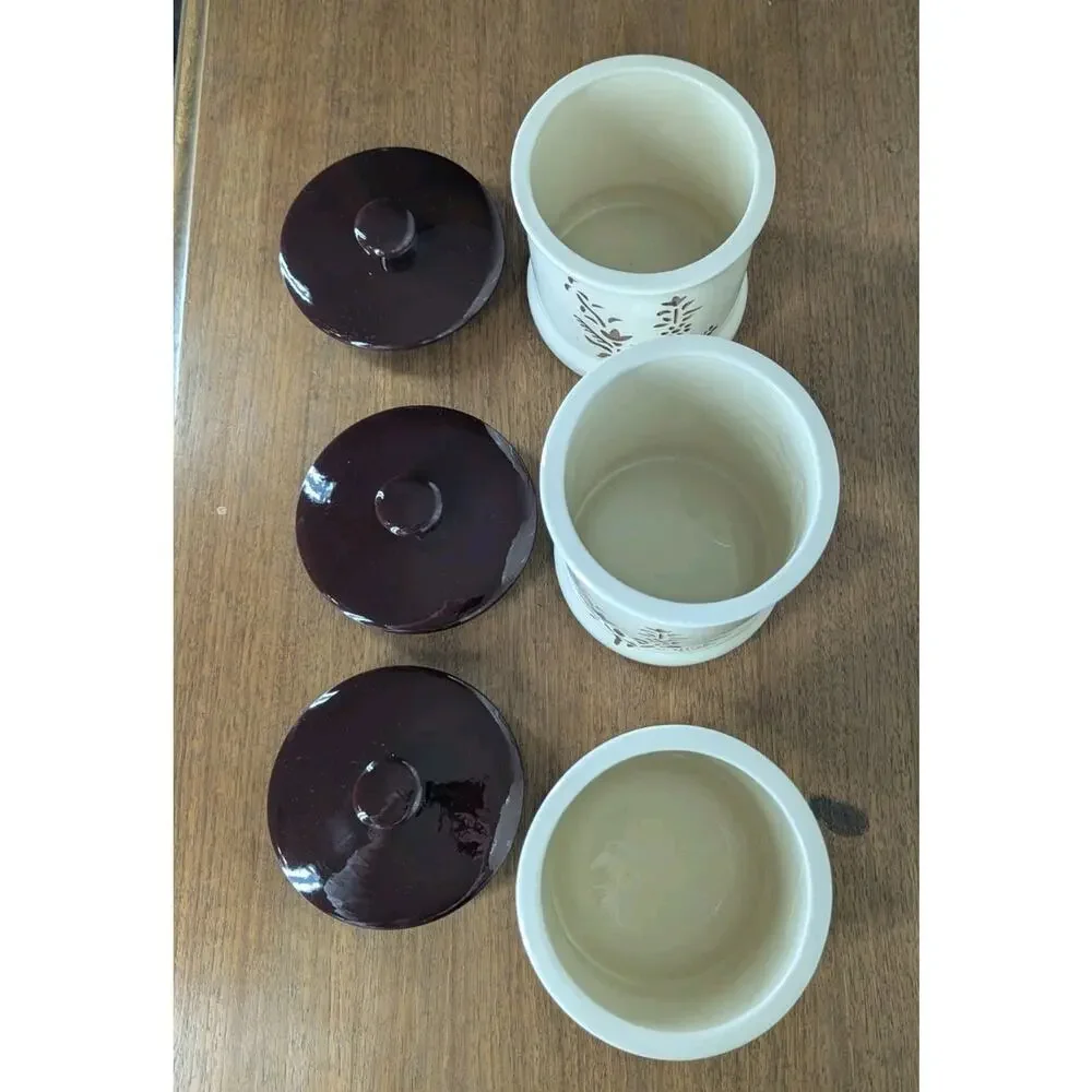 Vintage Holiday Designs USA Canister Set Of 3 Ceramic Brown White Floral Cut Out